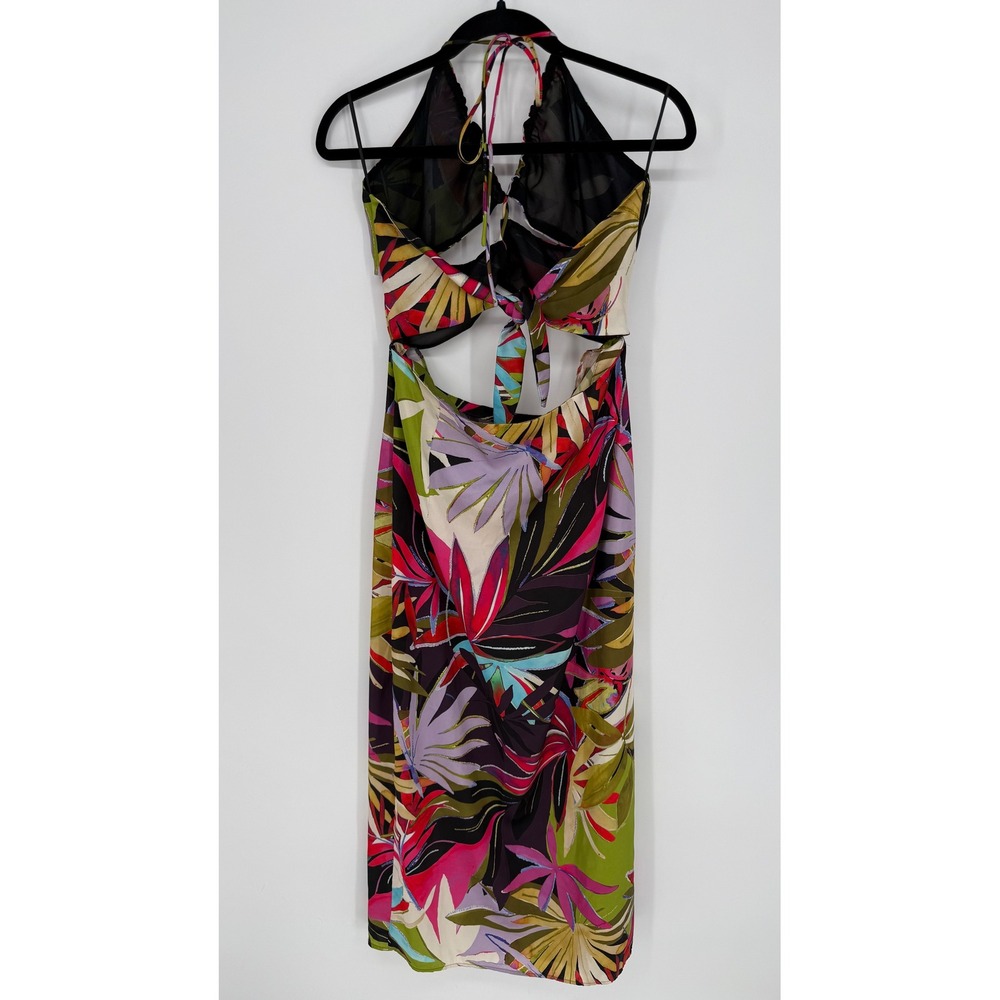 ZARA SATIN TROPICAL PRINT CUT OUT FRONT HALTER MIDI DRESS LARGE - Picture 10 of 10